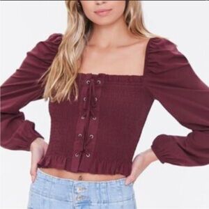 Forever 21 Plumb Smocked Puff Sleeve Blouse